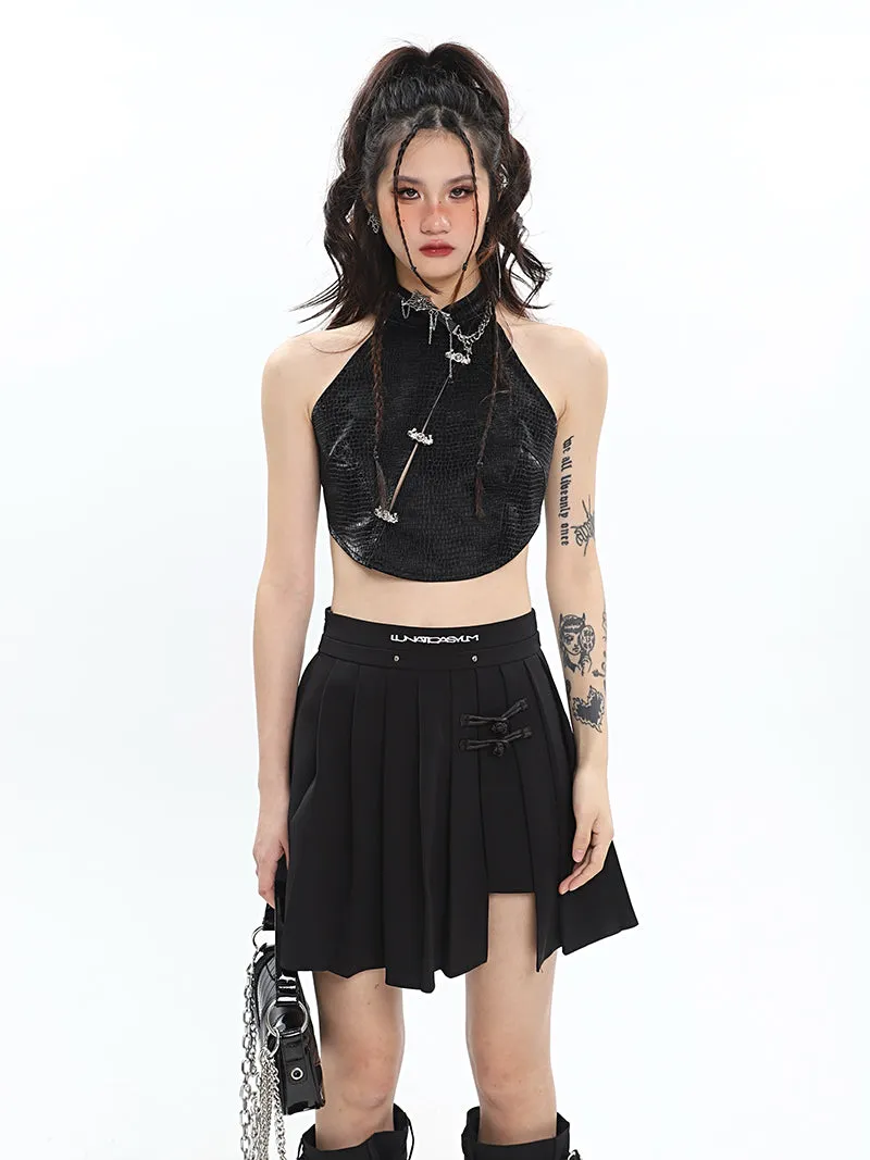 UNA Solid Color Black Multi Zippers Cropped Shirt Pleated Skirt Matching Set