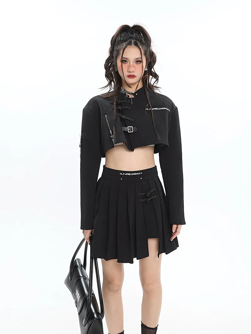 UNA Solid Color Black Multi Zippers Cropped Shirt Pleated Skirt Matching Set