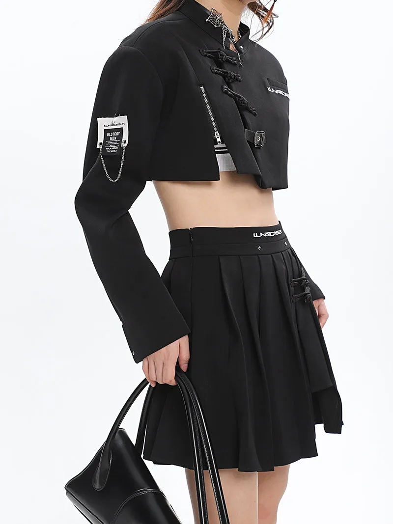 UNA Solid Color Black Multi Zippers Cropped Shirt Pleated Skirt Matching Set