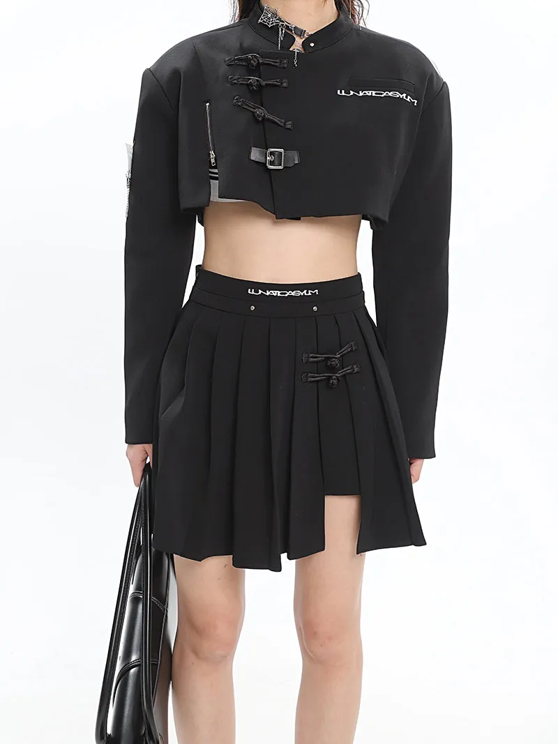 UNA Solid Color Black Multi Zippers Cropped Shirt Pleated Skirt Matching Set