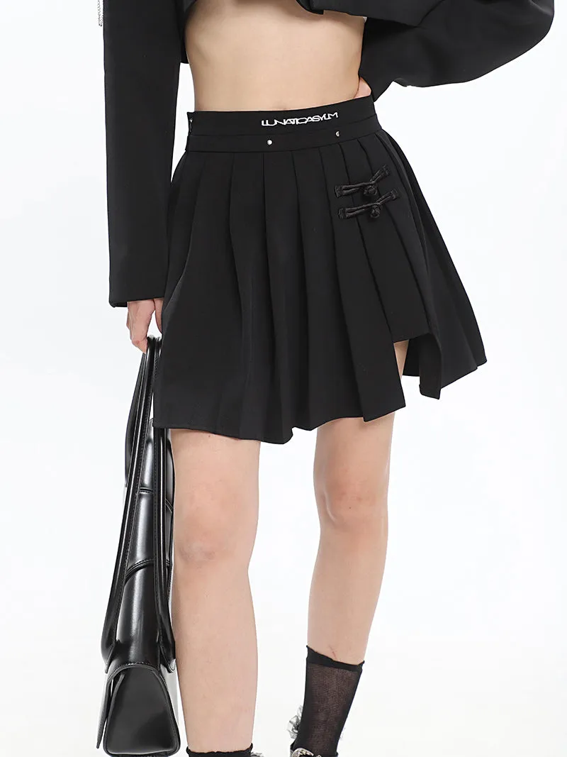 UNA Solid Color Black Multi Zippers Cropped Shirt Pleated Skirt Matching Set