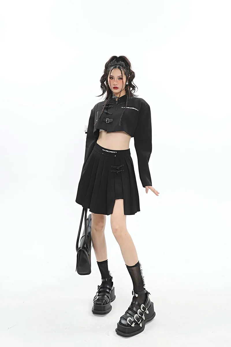 UNA Solid Color Black Multi Zippers Cropped Shirt Pleated Skirt Matching Set