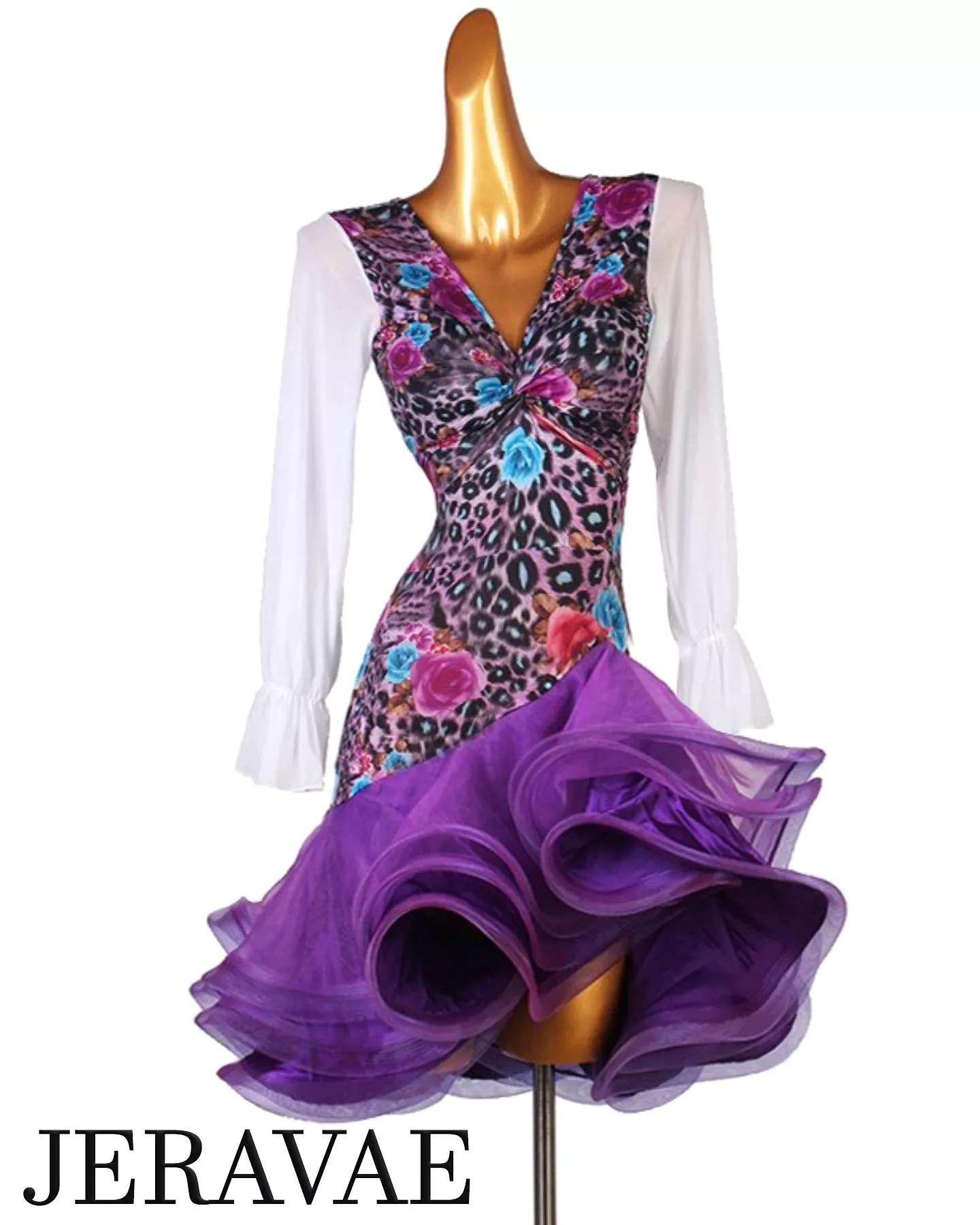 V-Neck Latin Practice Dress with Floral and Leopard Print Bodice, Long Mesh Sleeves, and Full Purple Skirt Sizes XS-6XL PRA 809 