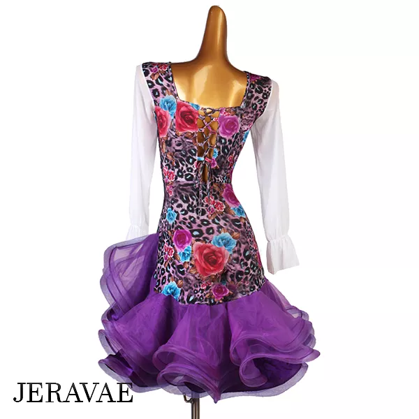 V-Neck Latin Practice Dress with Floral and Leopard Print Bodice, Long Mesh Sleeves, and Full Purple Skirt Sizes XS-6XL PRA 809 