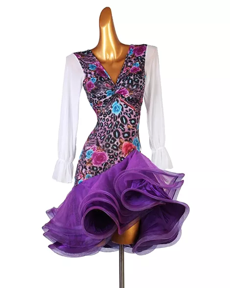 V-Neck Latin Practice Dress with Floral and Leopard Print Bodice, Long Mesh Sleeves, and Full Purple Skirt Sizes XS-6XL PRA 809 