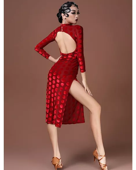 Velvet Polka Dot Red Latin Practice Dress with Slit in Skirt and Open Back PRA 756_sale