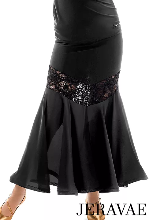 Victoria Blitz APE Long Black Ballroom Practice Skirt with Shimmer Stretch Lace Appliqué Insert PRA 994 in Stock