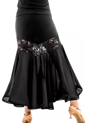 Victoria Blitz APE Long Black Ballroom Practice Skirt with Shimmer Stretch Lace Appliqué Insert PRA 994 in Stock