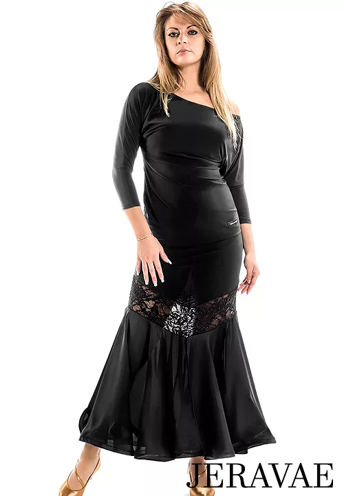 Victoria Blitz APE Long Black Ballroom Practice Skirt with Shimmer Stretch Lace Appliqué Insert PRA 994 in Stock