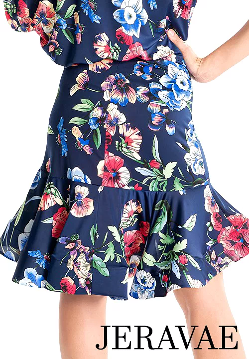 Victoria Blitz MILANO Navy Blue Floral Latin Practice Skirt with Side Slit and Wrapped Horsehair Hem Available in Sizes XS-3XL P