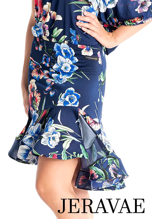 Victoria Blitz MILANO Navy Blue Floral Latin Practice Skirt with Side Slit and Wrapped Horsehair Hem Available in Sizes XS-3XL P