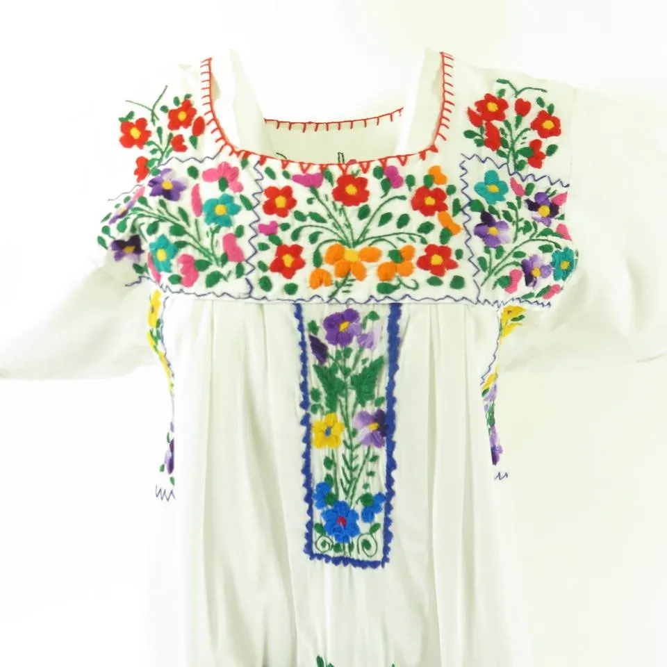 Vintage 80s Floral Latin American Dress Womens M Deadstock Hand Embroidered Long