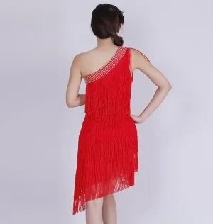 Women Unequal Fringe One Shoulder Sloping Shoulder Sleeveless Beaded Latin Tango Ballroom Salsa Girls Dance Dress