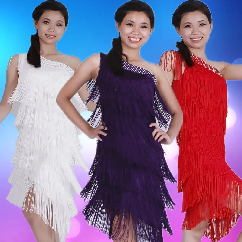 Women Unequal Fringe One Shoulder Sloping Shoulder Sleeveless Beaded Latin Tango Ballroom Salsa Girls Dance Dress