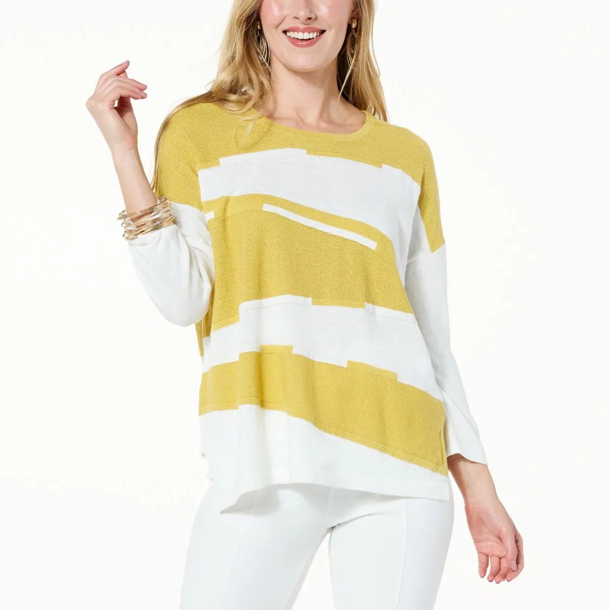      WynneCollection Ribbed Sleeve Intarsia Sweater     