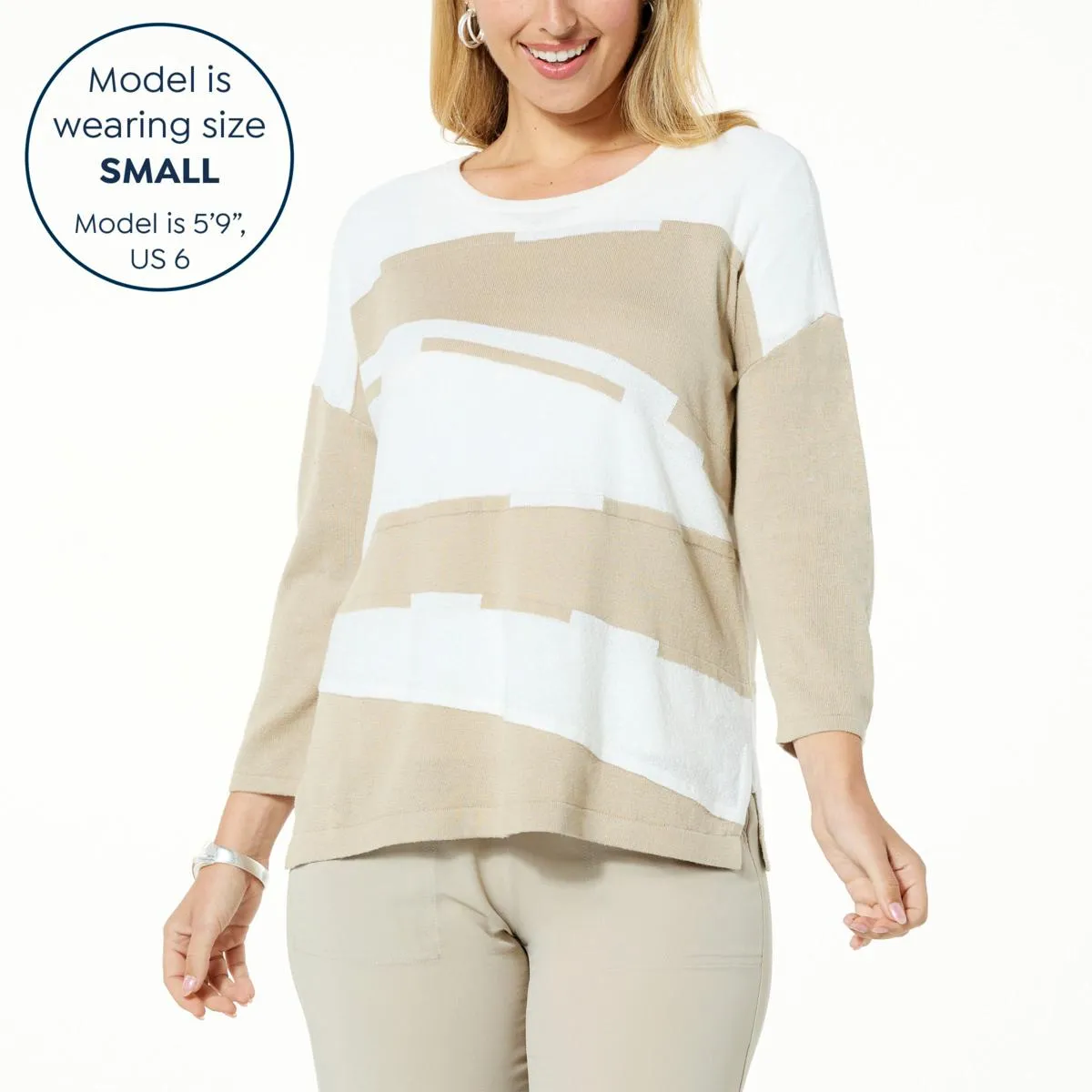      WynneCollection Ribbed Sleeve Intarsia Sweater     