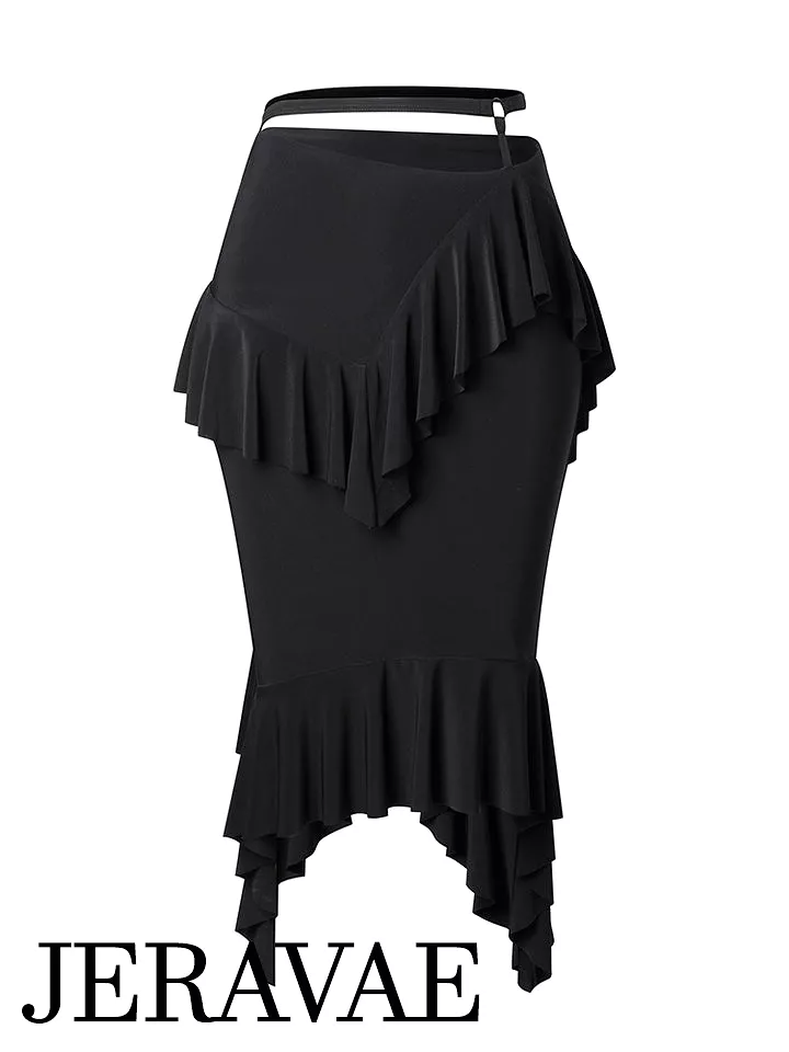 ZYM Dance Style Ruffled Black Latin Practice Skirt with Asymmetrical Hem PRA 1019 in Stock